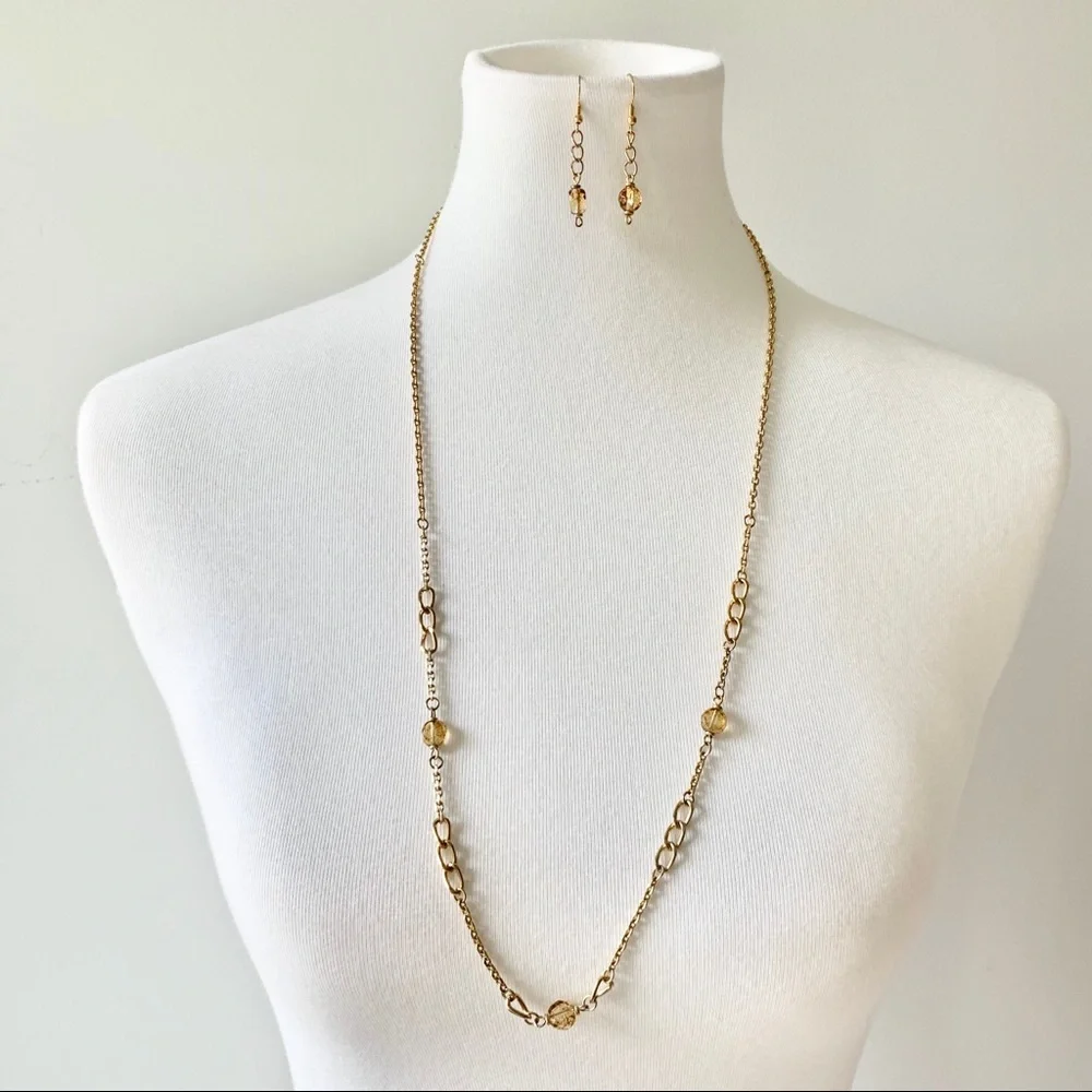 Costume Gold Chain Necklace and Dangly Earrings Bundle